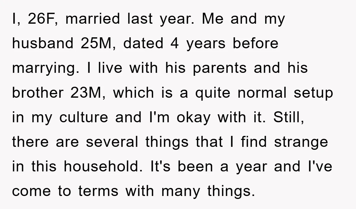 I, 26F, married last year. Me and my husband 25M, dated 4 years before marrying. I live with his parents and his brother 23M, which is a quite normal setup...