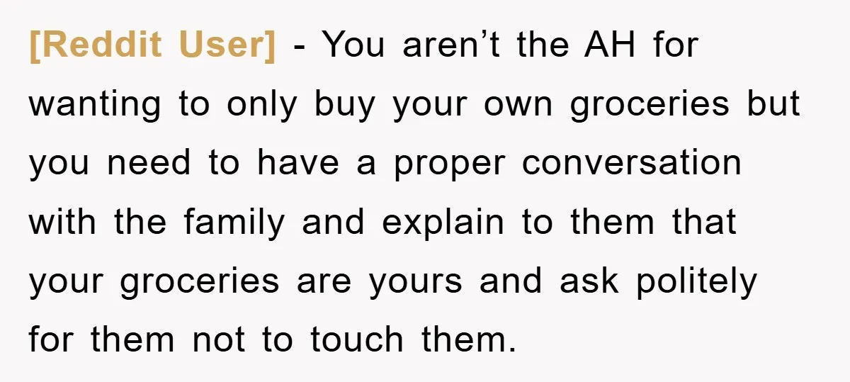 [Reddit User] − You aren’t the AH for wanting to only buy your own groceries but you need to have a proper conversation with the family and explain to them...