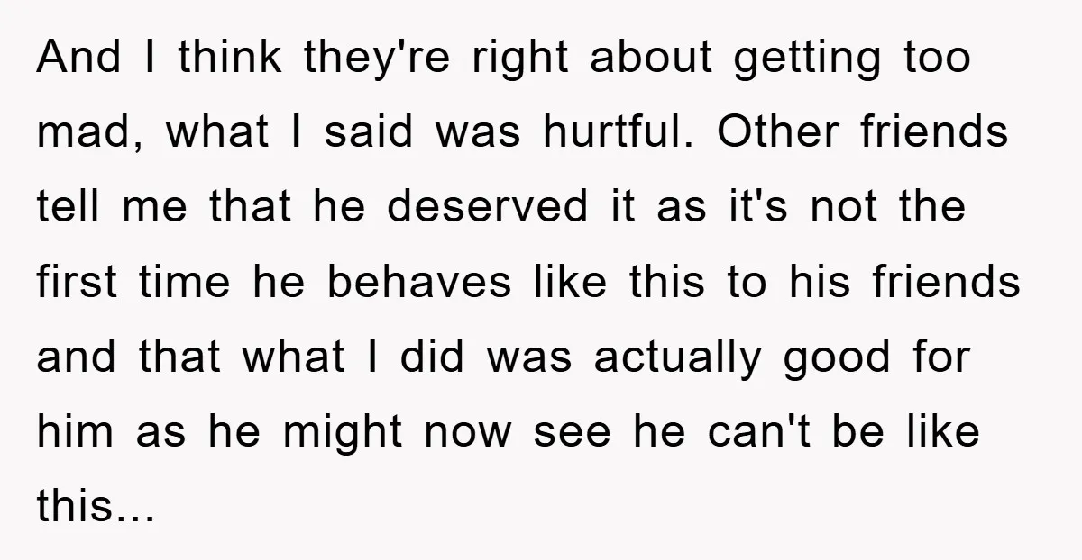And I think they're right about getting too mad, what I said was hurtful. Other friends tell me that he deserved it as it's not the first time he behaves...