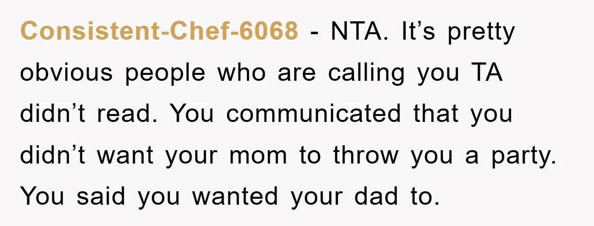 Consistent-Chef-6068 − NTA. It’s pretty obvious people who are calling you TA didn’t read. You communicated that you didn’t want your mom to throw you a party. You said you...