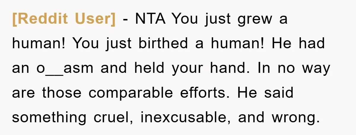[Reddit User] − NTA You just grew a human! You just birthed a human! He had an o__asm and held your hand. In no way are those comparable efforts. He...
