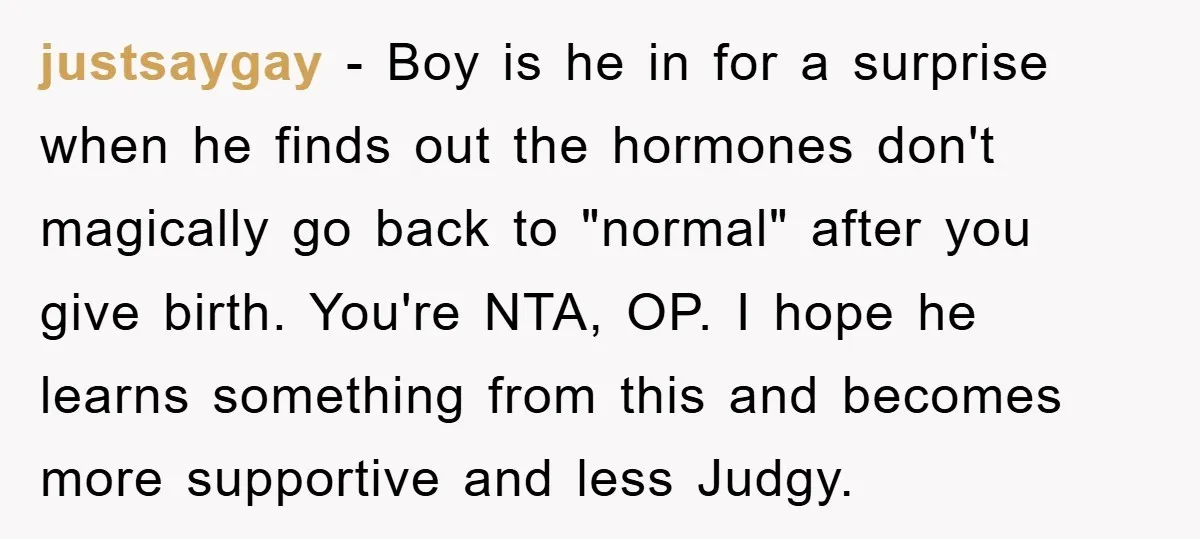 justsaygay − Boy is he in for a surprise when he finds out the hormones don't magically go back to "normal" after you give birth. You're NTA, OP. I hope...