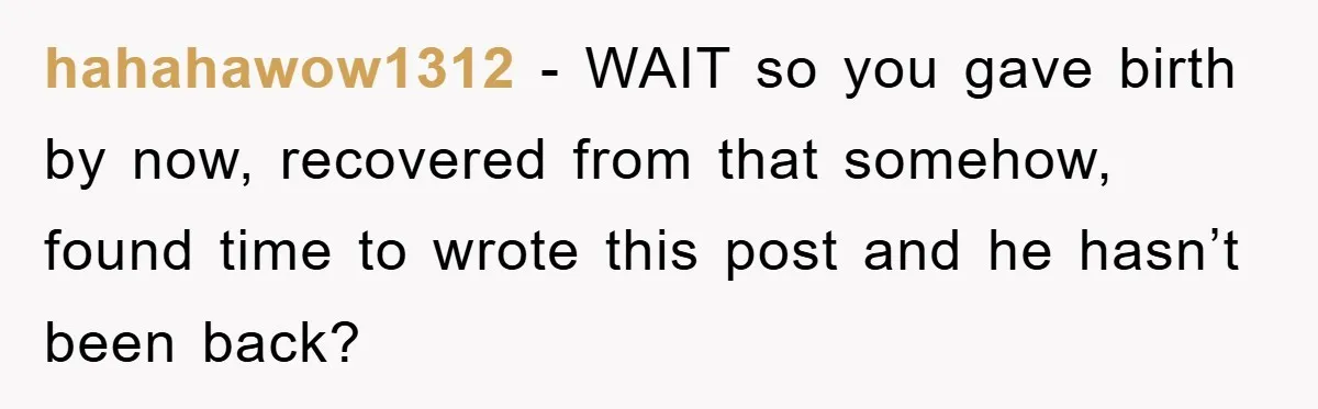 hahahawow1312 − WAIT so you gave birth by now, recovered from that somehow, found time to wrote this post and he hasn’t been back?