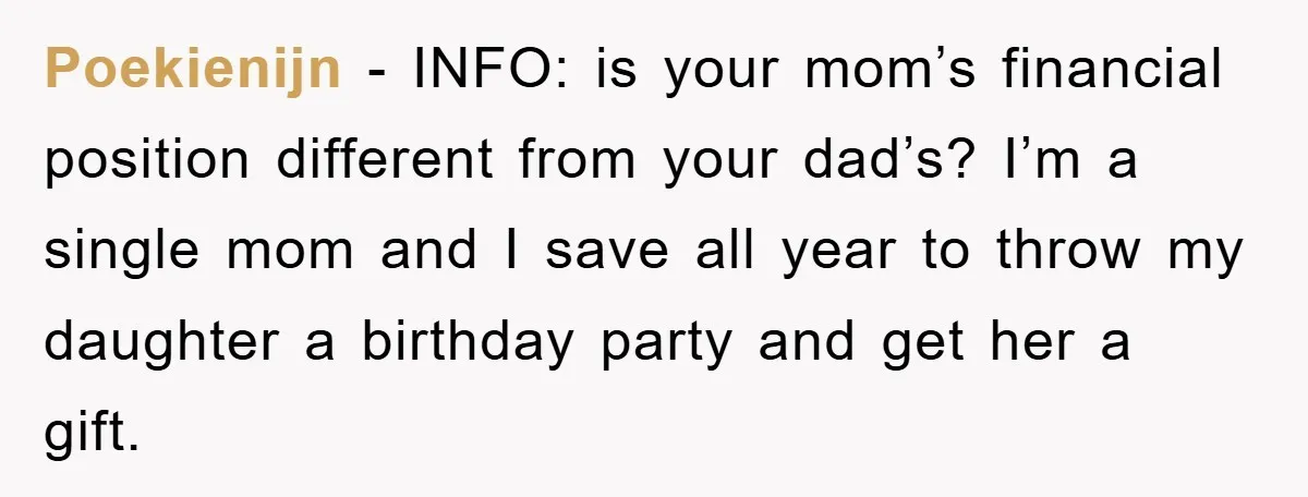 Poekienijn − INFO: is your mom’s financial position different from your dad’s? I’m a single mom and I save all year to throw my daughter a birthday party and get...