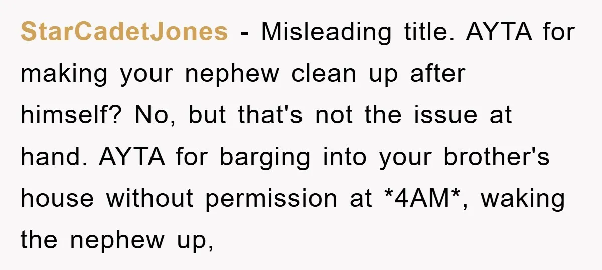 StarCadetJones − Misleading title. AYTA for making your nephew clean up after himself? No, but that's not the issue at hand. AYTA for barging into your brother's house without permission...