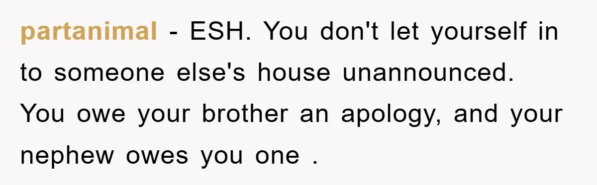 partanimal − ESH. You don't let yourself in to someone else's house unannounced. You owe your brother an apology, and your nephew owes you one .
