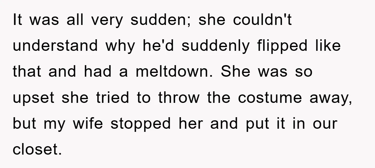 It was all very sudden; she couldn't understand why he'd suddenly flipped like that and had a meltdown. She was so upset she tried to throw the costume away, but...