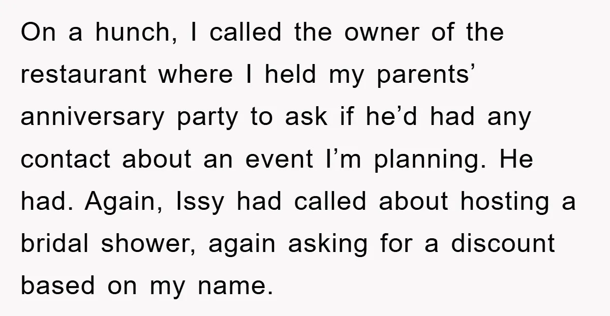 On a hunch, I called the owner of the restaurant where I held my parents’ anniversary party to ask if he’d had any contact about an event I’m planning. He...