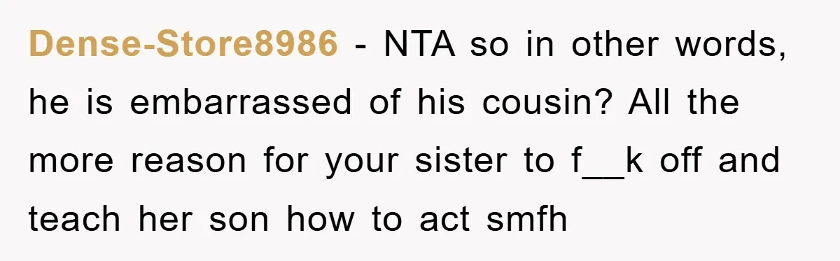 Dense-Store8986 − NTA so in other words, he is embarrassed of his cousin? All the more reason for your sister to f__k off and teach her son how to act...