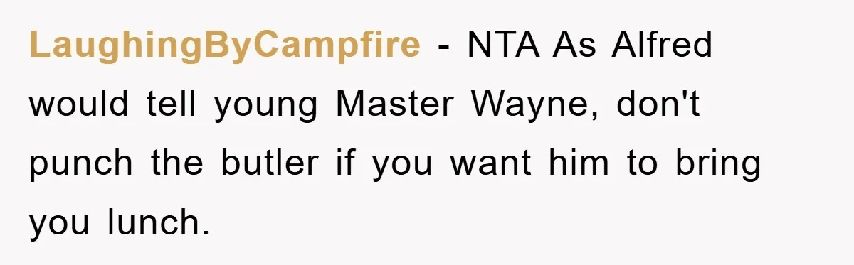 LaughingByCampfire − NTA As Alfred would tell young Master Wayne, don't punch the butler if you want him to bring you lunch.