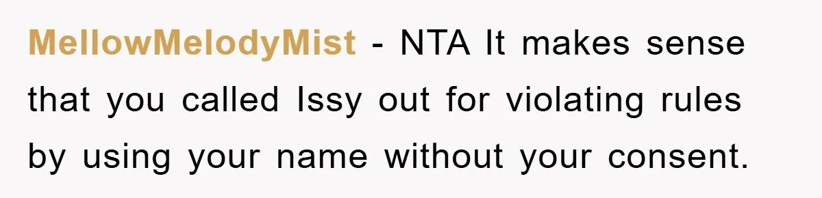 MellowMelodyMist − NTA It makes sense that you called Issy out for violating rules by using your name without your consent.