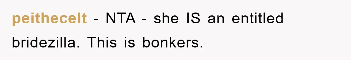 peithecelt − NTA - she IS an entitled bridezilla. This is bonkers.