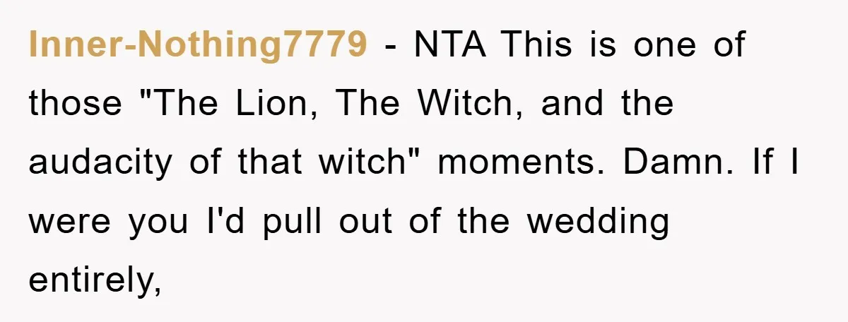 Inner-Nothing7779 − NTA This is one of those "The Lion, The Witch, and the audacity of that witch" moments. Damn. If I were you I'd pull out of the wedding...