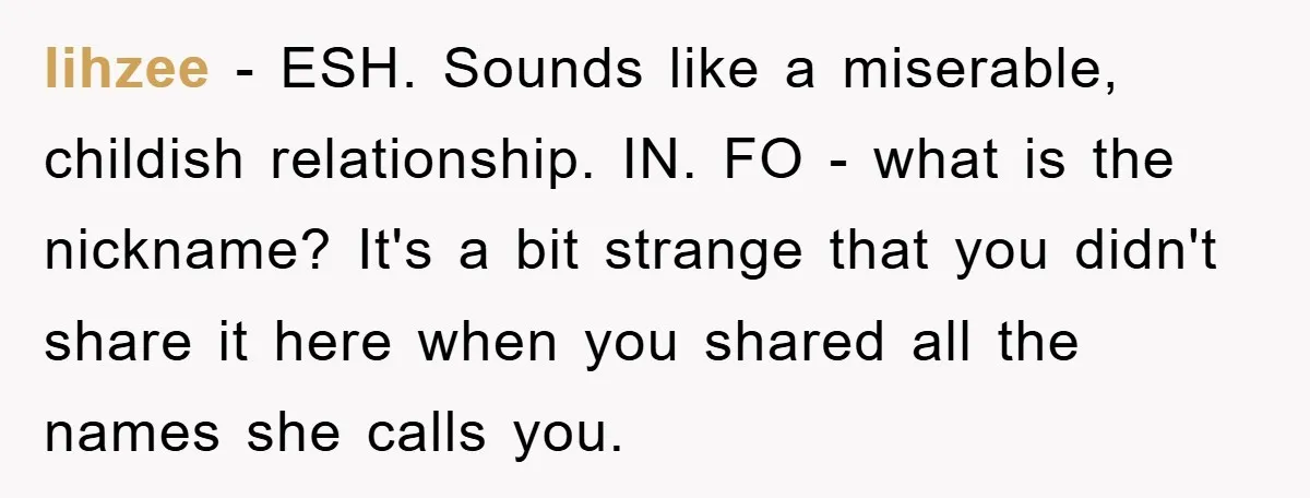 lihzee − ESH. Sounds like a miserable, childish relationship. IN. FO - what is the nickname? It's a bit strange that you didn't share it here when you shared all...