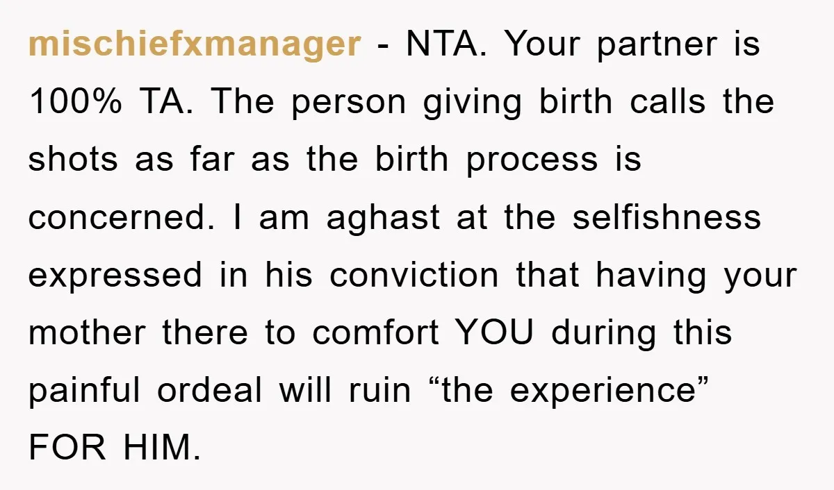 mischiefxmanager − NTA. Your partner is 100% TA. The person giving birth calls the shots as far as the birth process is concerned. I am aghast at the selfishness expressed...