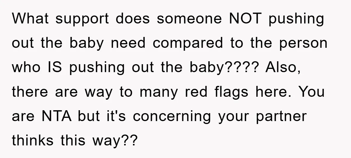 What support does someone NOT pushing out the baby need compared to the person who IS pushing out the baby???? Also, there are way to many red flags here. You...
