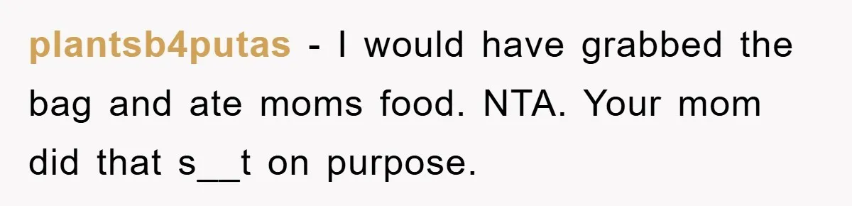 plantsb4putas − I would have grabbed the bag and ate moms food. NTA. Your mom did that s__t on purpose.