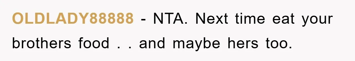 OLDLADY88888 − NTA. Next time eat your brothers food . . and maybe hers too.