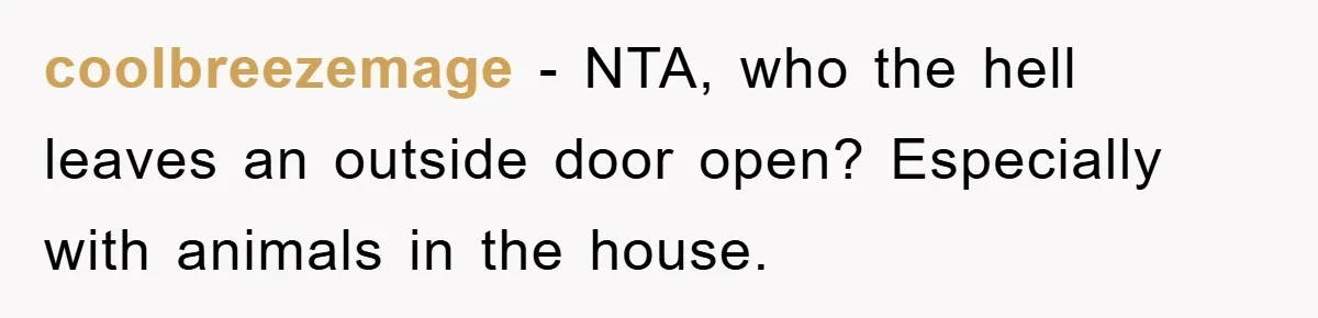 coolbreezemage − NTA, who the hell leaves an outside door open? Especially with animals in the house.