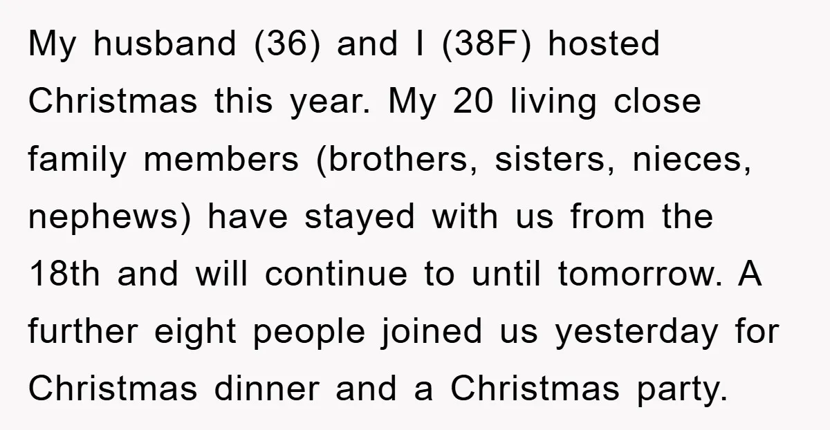My husband (36) and I (38F) hosted Christmas this year. My 20 living close family members (brothers, sisters, nieces, nephews) have stayed with us from the 18th and will continue...