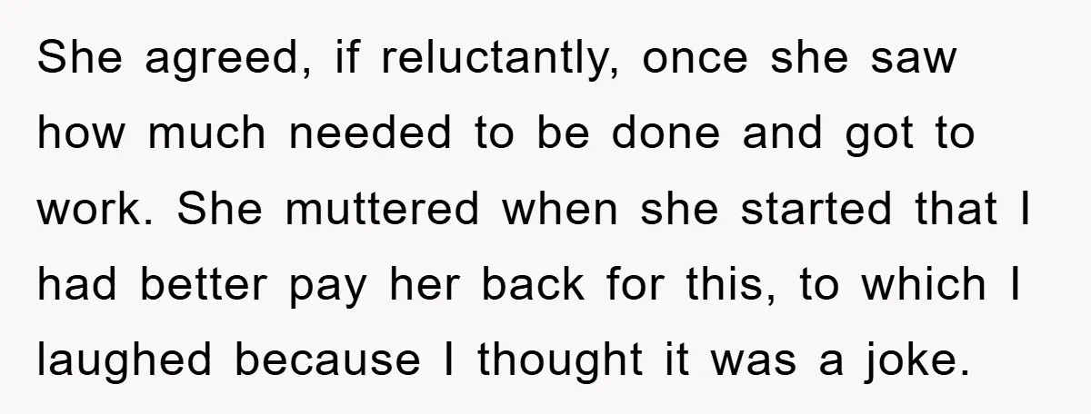 She agreed, if reluctantly, once she saw how much needed to be done and got to work. She muttered when she started that I had better pay her back for...