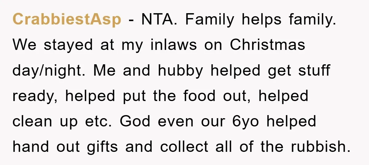 CrabbiestAsp − NTA. Family helps family. We stayed at my inlaws on Christmas day/night. Me and hubby helped get stuff ready, helped put the food out, helped clean up etc....