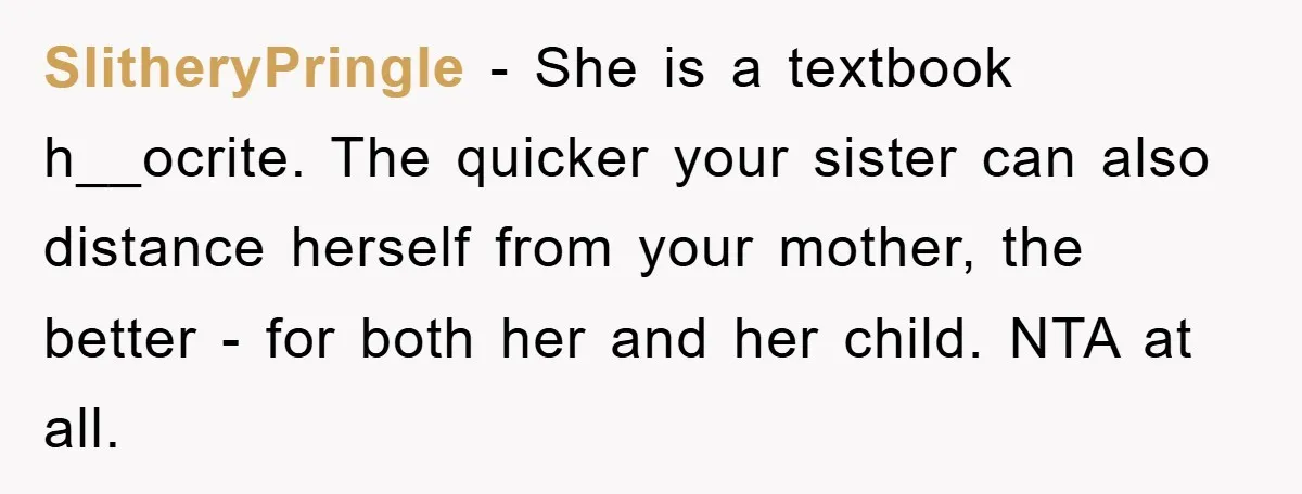 SlitheryPringle − She is a textbook h__ocrite. The quicker your sister can also distance herself from your mother, the better - for both her and her child. NTA at all.