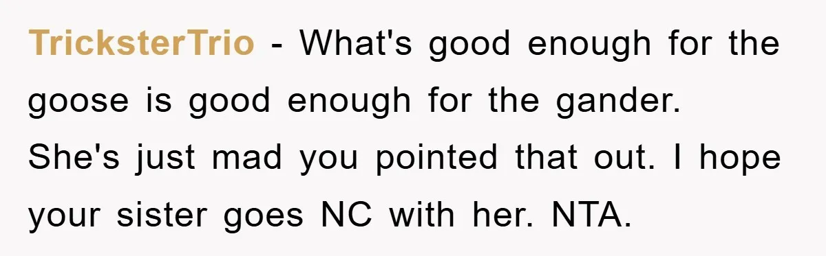 TricksterTrio − What's good enough for the goose is good enough for the gander. She's just mad you pointed that out. I hope your sister goes NC with her. NTA.