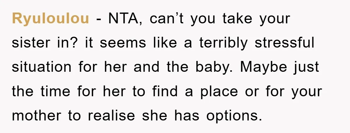 Ryuloulou − NTA, can’t you take your sister in? it seems like a terribly stressful situation for her and the baby. Maybe just the time for her to find a...