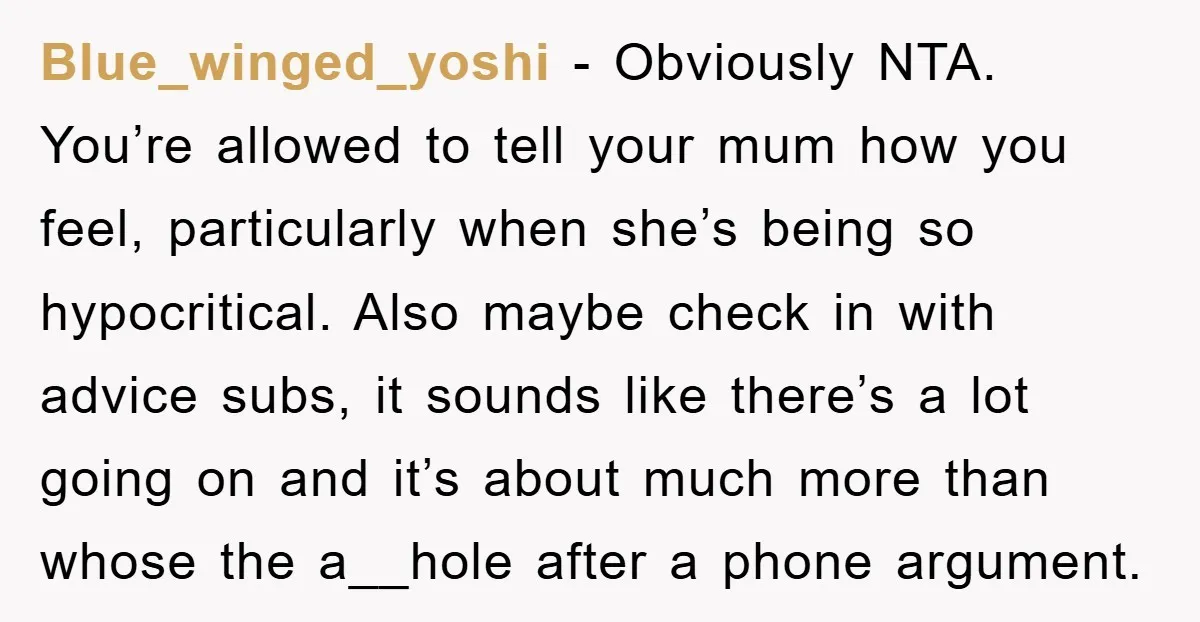 Blue_winged_yoshi − Obviously NTA. You’re allowed to tell your mum how you feel, particularly when she’s being so hypocritical. Also maybe check in with advice subs, it sounds like there’s...