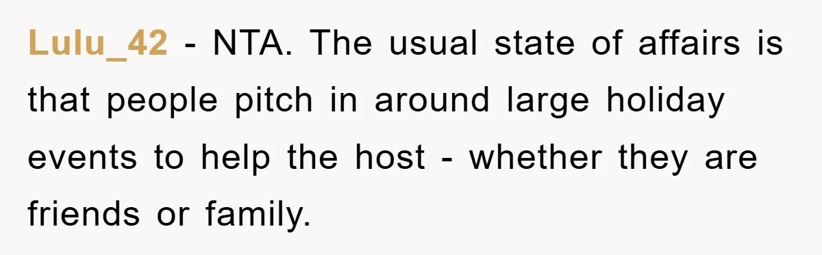 Lulu_42 − NTA. The usual state of affairs is that people pitch in around large holiday events to help the host - whether they are friends or family.