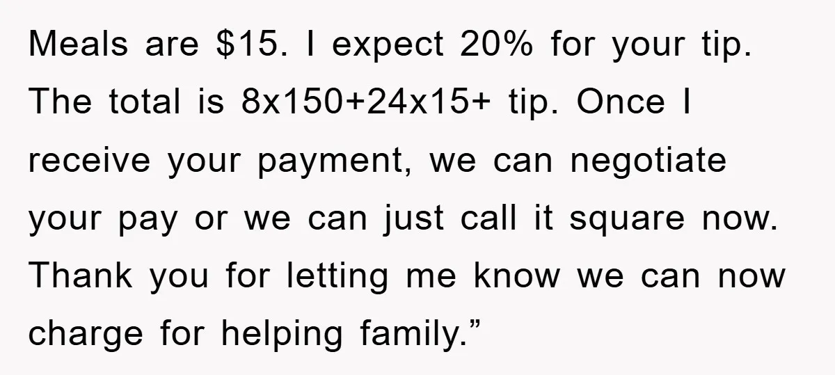 Meals are $15. I expect 20% for your tip. The total is 8x150+24x15+ tip. Once I receive your payment, we can negotiate your pay or we can just call it...