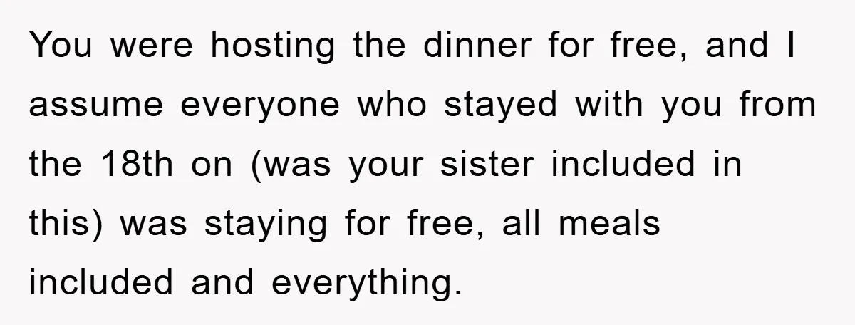 You were hosting the dinner for free, and I assume everyone who stayed with you from the 18th on (was your sister included in this) was staying for free, all...