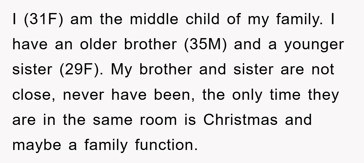 I (31F) am the middle child of my family. I have an older brother (35M) and a younger sister (29F). My brother and sister are not close, never have been,...