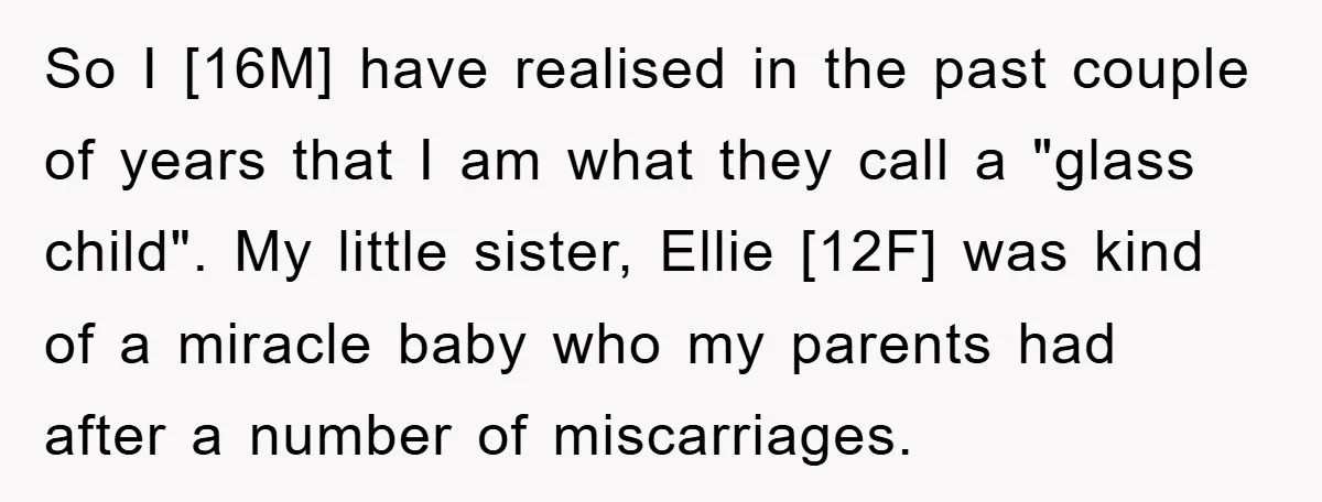 So I [16M] have realised in the past couple of years that I am what they call a "glass child". My little sister, Ellie [12F] was kind of a miracle...