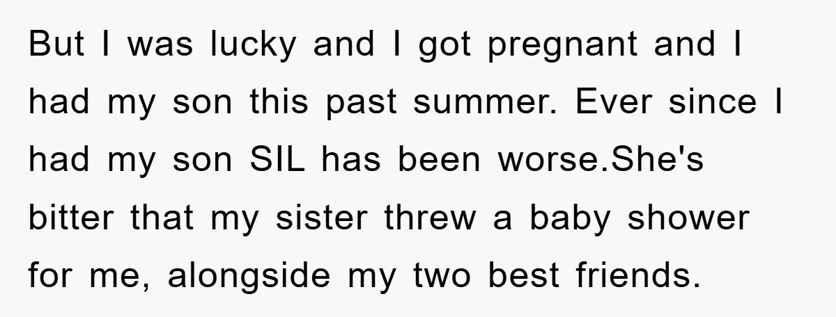 But I was lucky and I got pregnant and I had my son this past summer. Ever since I had my son SIL has been worse.She's bitter that my sister...