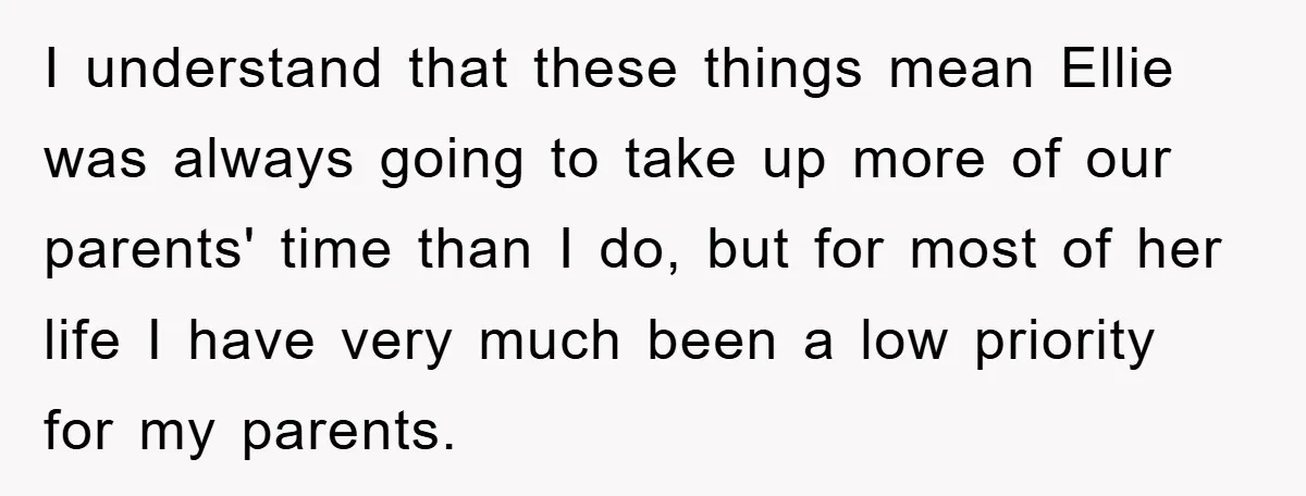 I understand that these things mean Ellie was always going to take up more of our parents' time than I do, but for most of her life I have very...