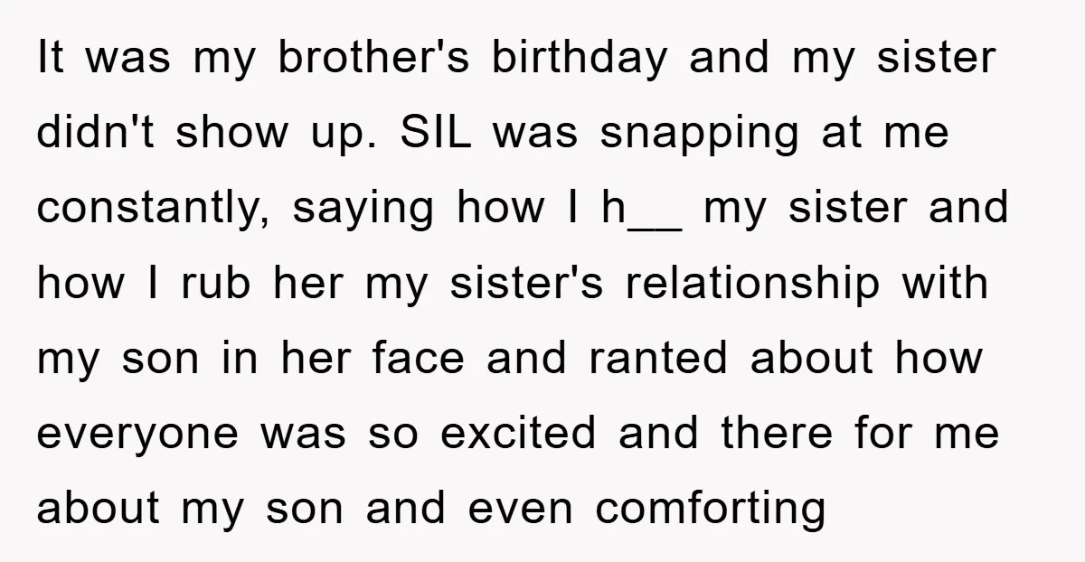 It was my brother's birthday and my sister didn't show up. SIL was snapping at me constantly, saying how I h__ my sister and how I rub her my sister's...