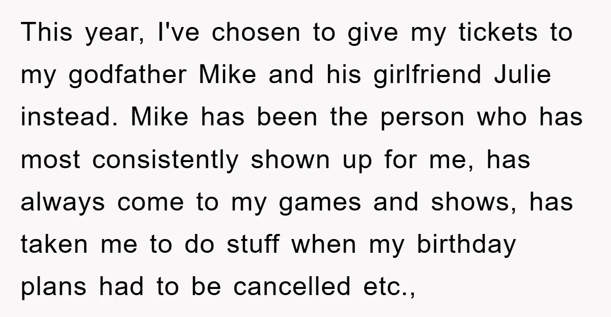 This year, I've chosen to give my tickets to my godfather Mike and his girlfriend Julie instead. Mike has been the person who has most consistently shown up for me,...