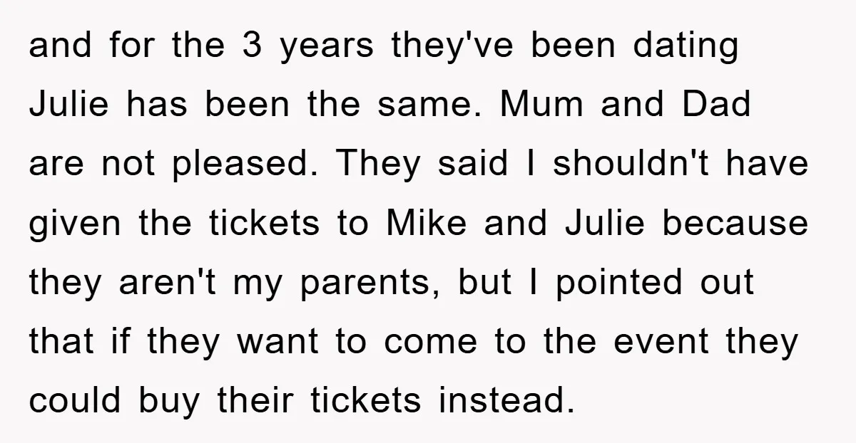 and for the 3 years they've been dating Julie has been the same. Mum and Dad are not pleased. They said I shouldn't have given the tickets to Mike and...