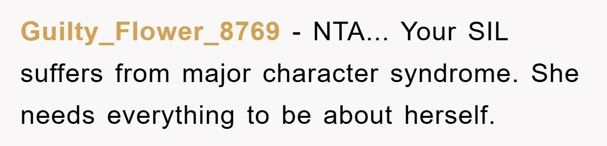 Guilty_Flower_8769 − NTA... Your SIL suffers from major character syndrome. She needs everything to be about herself.