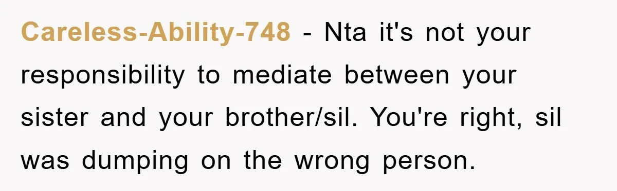 Careless-Ability-748 − Nta it's not your responsibility to mediate between your sister and your brother/sil. You're right, sil was dumping on the wrong person.
