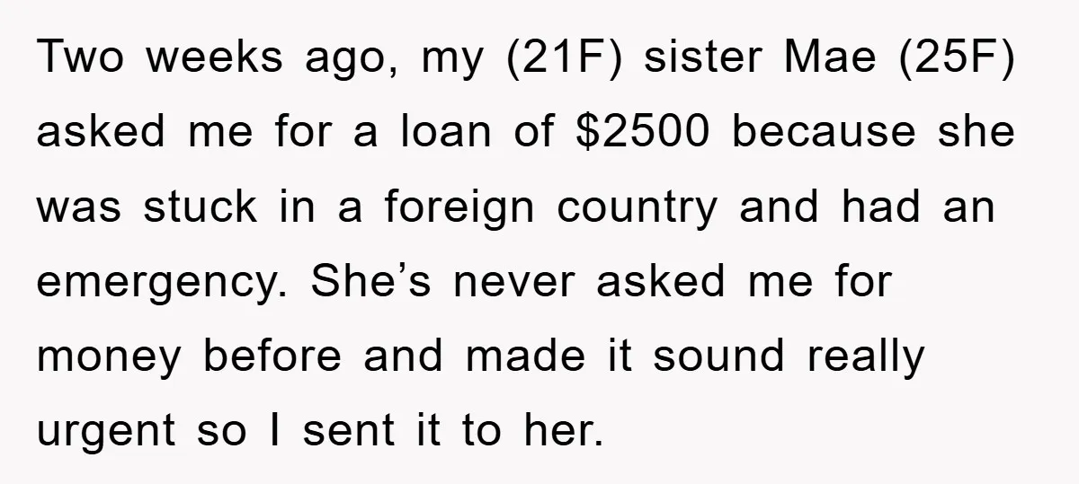 Two weeks ago, my (21F) sister Mae (25F) asked me for a loan of $2500 because she was stuck in a foreign country and had an emergency. She’s never asked...