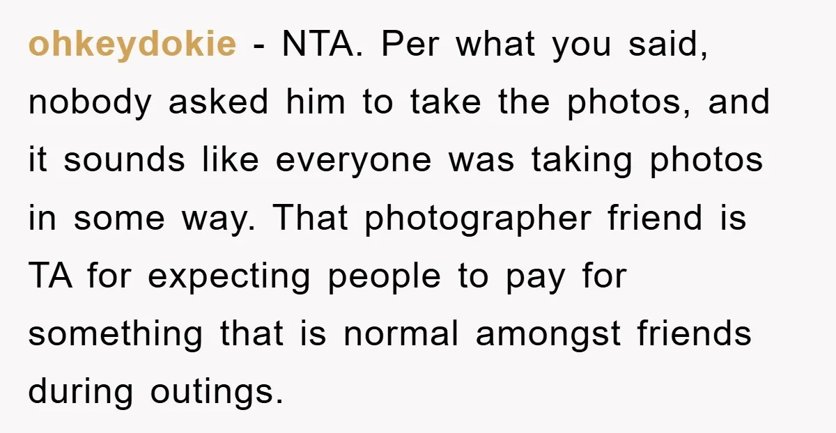 ohkeydokie − NTA. Per what you said, nobody asked him to take the photos, and it sounds like everyone was taking photos in some way. That photographer friend is TA...