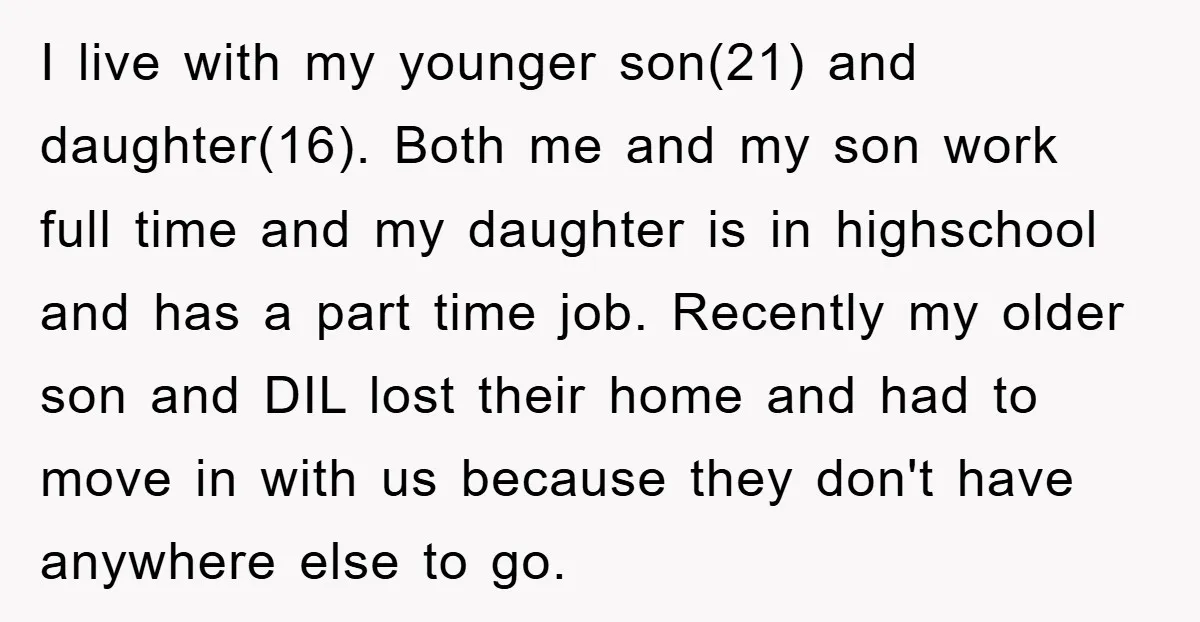 I live with my younger son(21) and daughter(16). Both me and my son work full time and my daughter is in highschool and has a part time job. Recently my...