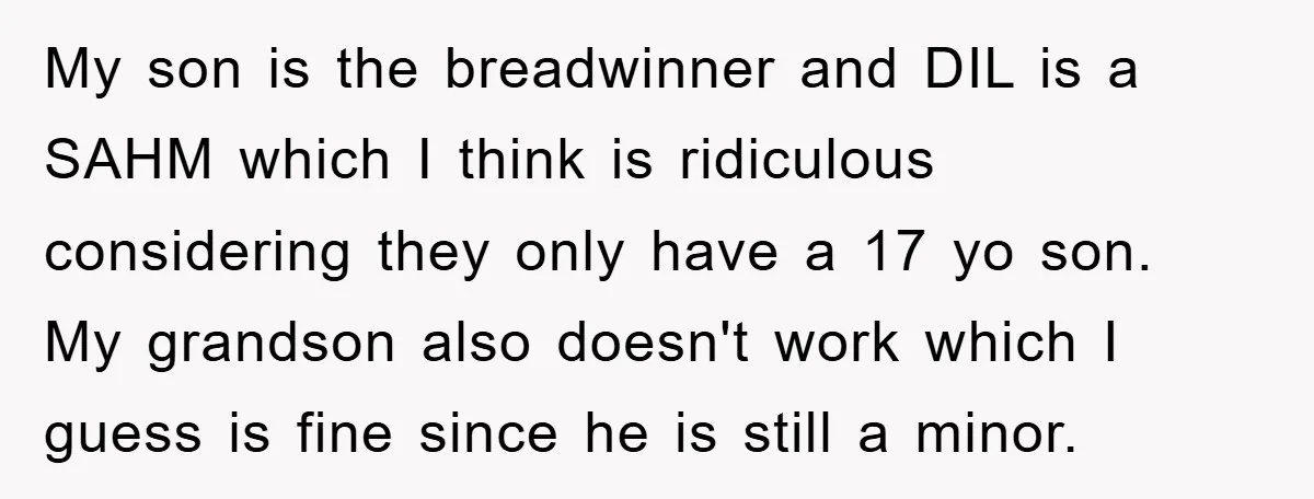 My son is the breadwinner and DIL is a SAHM which I think is ridiculous considering they only have a 17 yo son. My grandson also doesn't work which I...
