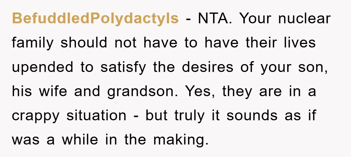 BefuddledPolydactyls − NTA. Your nuclear family should not have to have their lives upended to satisfy the desires of your son, his wife and grandson. Yes, they are in a...