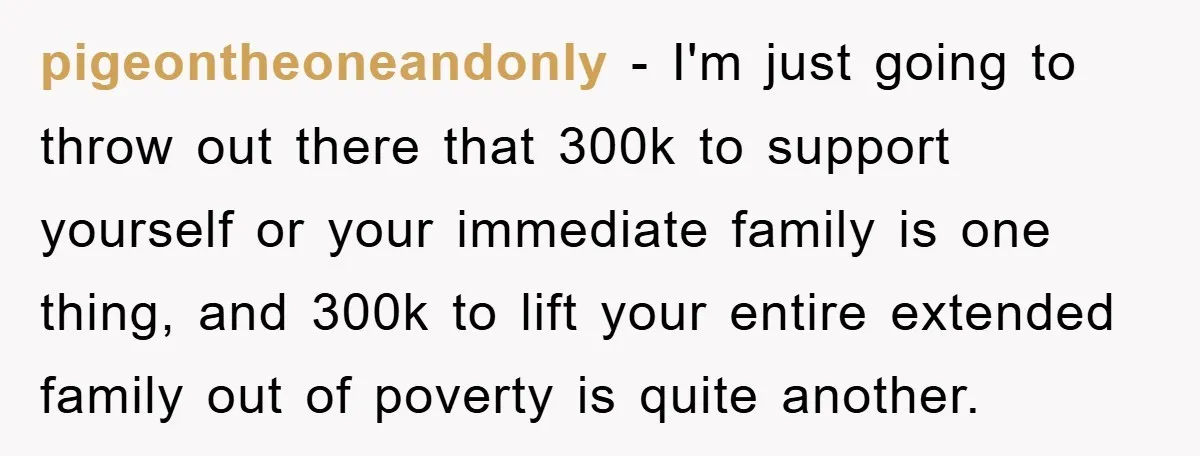 pigeontheoneandonly − I'm just going to throw out there that 300k to support yourself or your immediate family is one thing, and 300k to lift your entire extended family out...