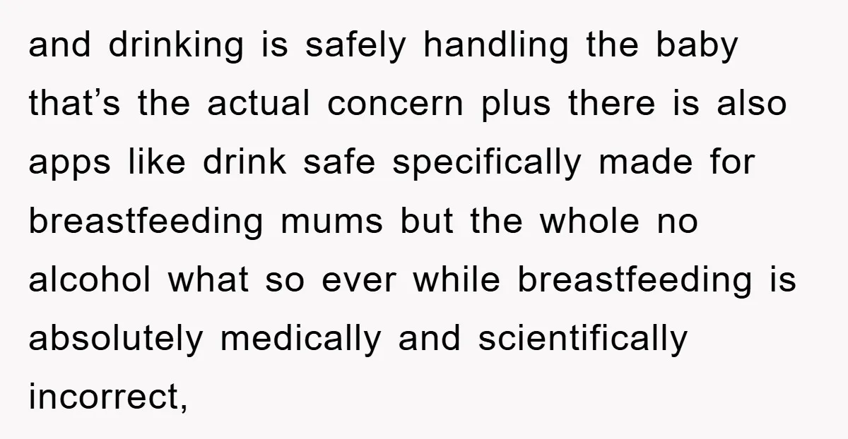 and drinking is safely handling the baby that’s the actual concern plus there is also apps like drink safe specifically made for breastfeeding mums but the whole no alcohol what...