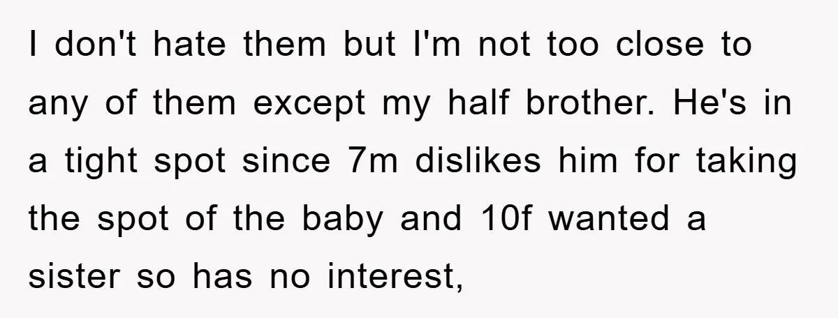 I don't hate them but I'm not too close to any of them except my half brother. He's in a tight spot since 7m dislikes him for taking the spot...